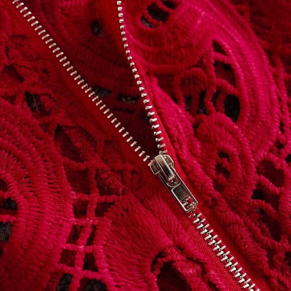 Red Elegant Women's Stand-Up Collar Lace Loose Lantern Long-Sleeved Shirt - Picture 5 of 6